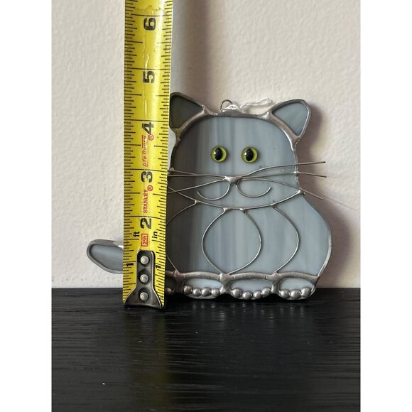 Gray Stained Glass Cat Suncatcher with Green Eyes & Wire Whiskers Chubby Kitty - Picture 5 of 6